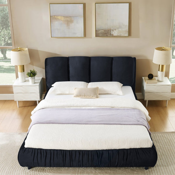 English Elm Queen Upholstered Platform Bed Segmented Velvet Headboard Modern Minimalist Bedroom Frame Black W487S00572
