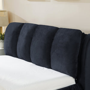 English Elm Queen Upholstered Platform Bed Segmented Velvet Headboard Modern Minimalist Bedroom Frame Black W487S00572