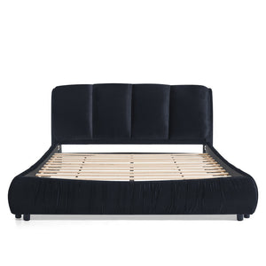 English Elm Queen Upholstered Platform Bed Segmented Velvet Headboard Modern Minimalist Bedroom Frame Black W487S00572