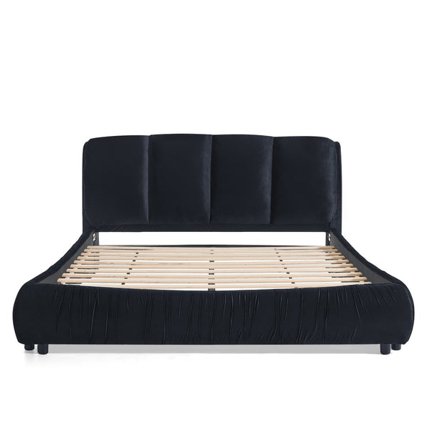English Elm Queen Upholstered Platform Bed Segmented Velvet Headboard Modern Minimalist Bedroom Frame Black W487S00572