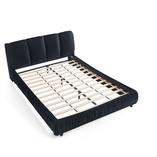 English Elm Queen Upholstered Platform Bed Segmented Velvet Headboard Modern Minimalist Bedroom Frame Black W487S00572