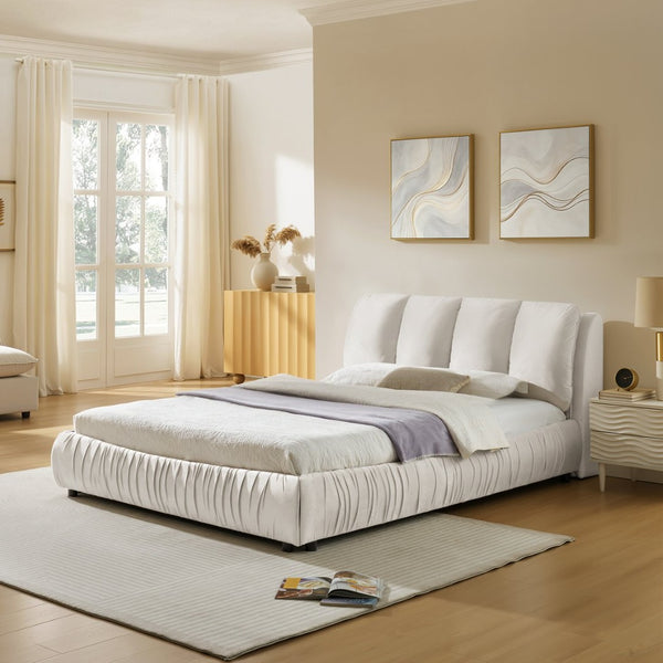 English Elm Queen Upholstered Platform Bed Segmented Velvet Headboard Modern Minimalist Bedroom Frame Beige W487S00573
