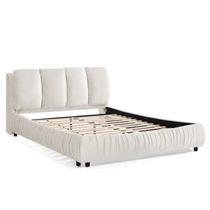 English Elm Queen Upholstered Platform Bed Segmented Velvet Headboard Modern Minimalist Bedroom Frame Beige W487S00573