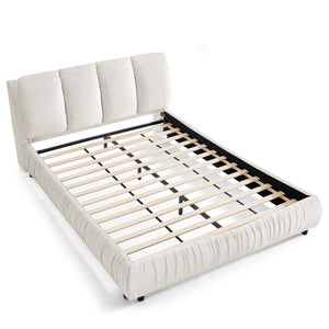 English Elm Queen Upholstered Platform Bed Segmented Velvet Headboard Modern Minimalist Bedroom Frame Beige W487S00573