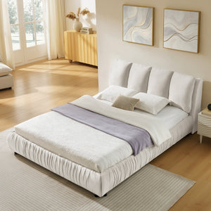 English Elm Queen Upholstered Platform Bed Segmented Velvet Headboard Modern Minimalist Bedroom Frame Beige W487S00573