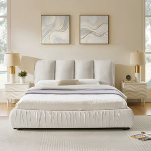 English Elm Queen Upholstered Platform Bed Segmented Velvet Headboard Modern Minimalist Bedroom Frame Beige W487S00573