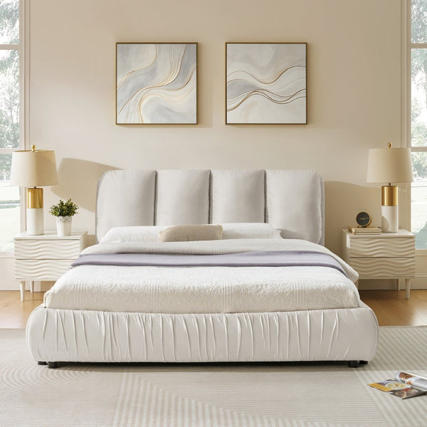 English Elm Queen Upholstered Platform Bed Segmented Velvet Headboard Modern Minimalist Bedroom Frame Beige W487S00573