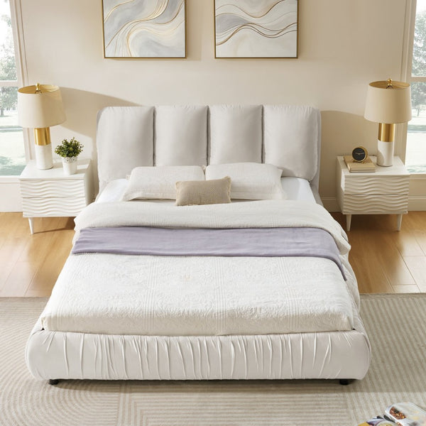 English Elm Queen Upholstered Platform Bed Segmented Velvet Headboard Modern Minimalist Bedroom Frame Beige W487S00573