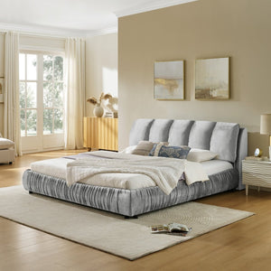 English Elm King Upholstered Platform Bed Sculpted Velvet Headboard with Pleated Panel Frame Gray W487S00574