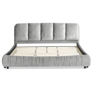 English Elm King Upholstered Platform Bed Sculpted Velvet Headboard with Pleated Panel Frame Gray W487S00574
