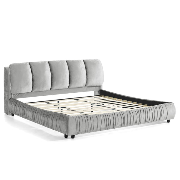 English Elm King Upholstered Platform Bed Sculpted Velvet Headboard with Pleated Panel Frame Gray W487S00574