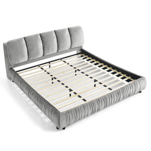 English Elm King Upholstered Platform Bed Sculpted Velvet Headboard with Pleated Panel Frame Gray W487S00574