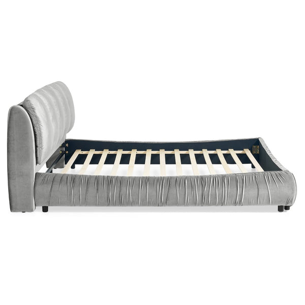 English Elm King Upholstered Platform Bed Sculpted Velvet Headboard with Pleated Panel Frame Gray W487S00574