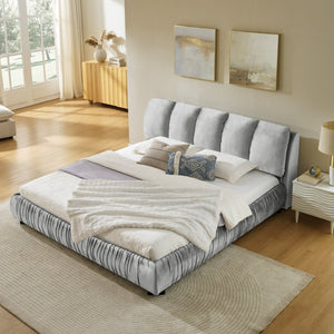 English Elm King Upholstered Platform Bed Sculpted Velvet Headboard with Pleated Panel Frame Gray W487S00574