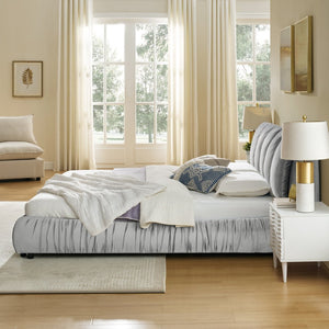English Elm King Upholstered Platform Bed Sculpted Velvet Headboard with Pleated Panel Frame Gray W487S00574