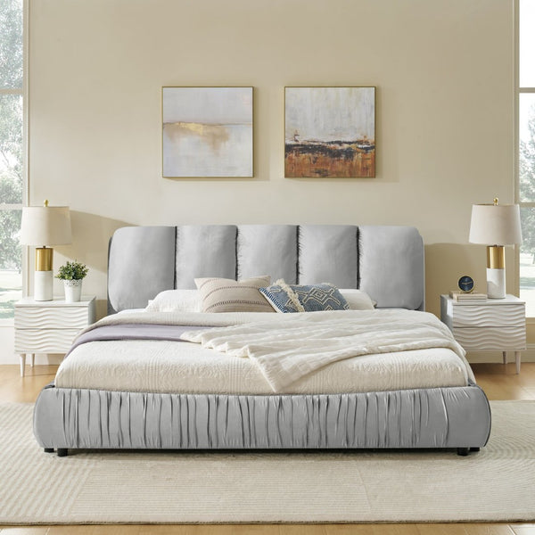 English Elm King Upholstered Platform Bed Sculpted Velvet Headboard with Pleated Panel Frame Gray W487S00574