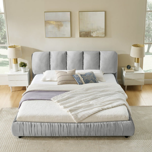 English Elm King Upholstered Platform Bed Sculpted Velvet Headboard with Pleated Panel Frame Gray W487S00574