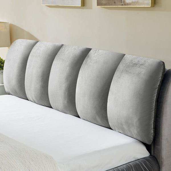 English Elm King Upholstered Platform Bed Sculpted Velvet Headboard with Pleated Panel Frame Gray W487S00574