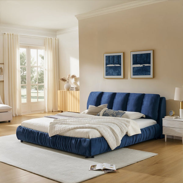English Elm King Upholstered Platform Bed Sculpted Velvet Headboard with Pleated Panel Frame Dark Blue W487S00575