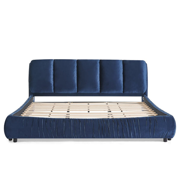 English Elm King Upholstered Platform Bed Sculpted Velvet Headboard with Pleated Panel Frame Dark Blue W487S00575