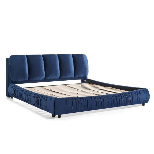 English Elm King Upholstered Platform Bed Sculpted Velvet Headboard with Pleated Panel Frame Dark Blue W487S00575