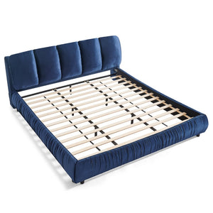 English Elm King Upholstered Platform Bed Sculpted Velvet Headboard with Pleated Panel Frame Dark Blue W487S00575