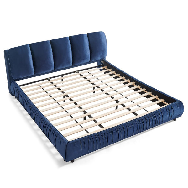 English Elm King Upholstered Platform Bed Sculpted Velvet Headboard with Pleated Panel Frame Dark Blue W487S00575