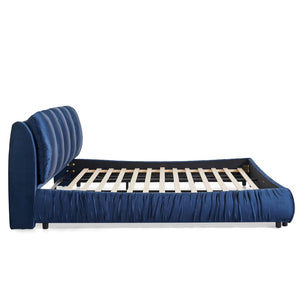 English Elm King Upholstered Platform Bed Sculpted Velvet Headboard with Pleated Panel Frame Dark Blue W487S00575