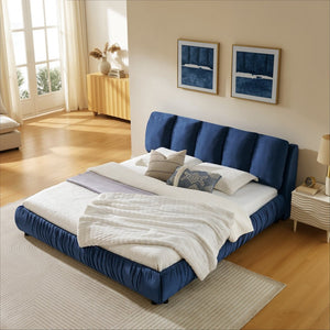English Elm King Upholstered Platform Bed Sculpted Velvet Headboard with Pleated Panel Frame Dark Blue W487S00575