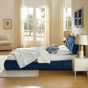 English Elm King Upholstered Platform Bed Sculpted Velvet Headboard with Pleated Panel Frame Dark Blue W487S00575