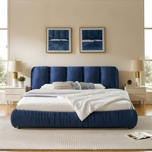 English Elm King Upholstered Platform Bed Sculpted Velvet Headboard with Pleated Panel Frame Dark Blue W487S00575