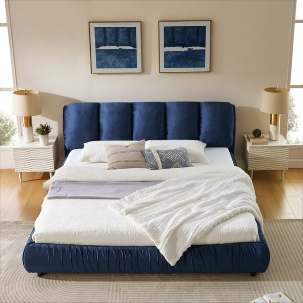 English Elm King Upholstered Platform Bed Sculpted Velvet Headboard with Pleated Panel Frame Dark Blue W487S00575
