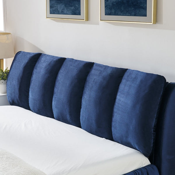 English Elm King Upholstered Platform Bed Sculpted Velvet Headboard with Pleated Panel Frame Dark Blue W487S00575
