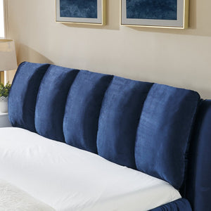 English Elm King Upholstered Platform Bed Sculpted Velvet Headboard with Pleated Panel Frame Dark Blue W487S00575