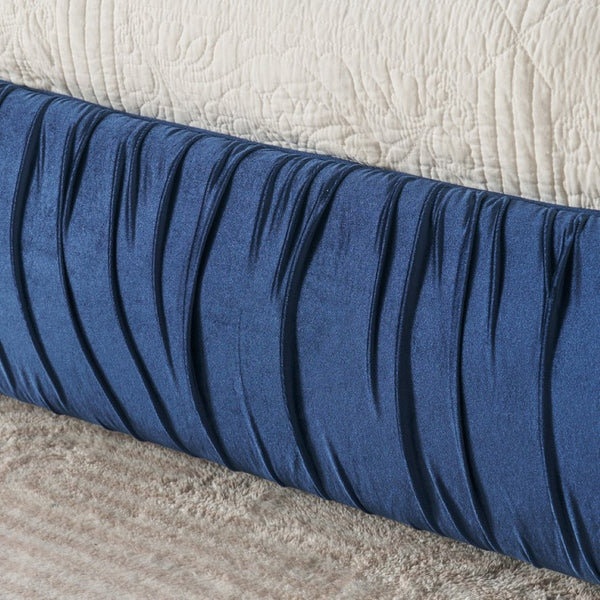 English Elm King Upholstered Platform Bed Sculpted Velvet Headboard with Pleated Panel Frame Dark Blue W487S00575
