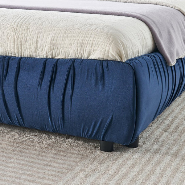 English Elm King Upholstered Platform Bed Sculpted Velvet Headboard with Pleated Panel Frame Dark Blue W487S00575