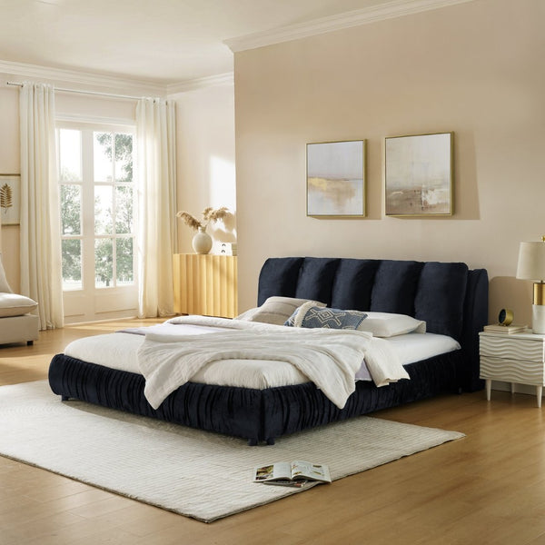 English Elm King Upholstered Platform Bed Sculpted Velvet Headboard with Pleated Panel Frame Black W487S00576