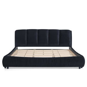 English Elm King Upholstered Platform Bed Sculpted Velvet Headboard with Pleated Panel Frame Black W487S00576