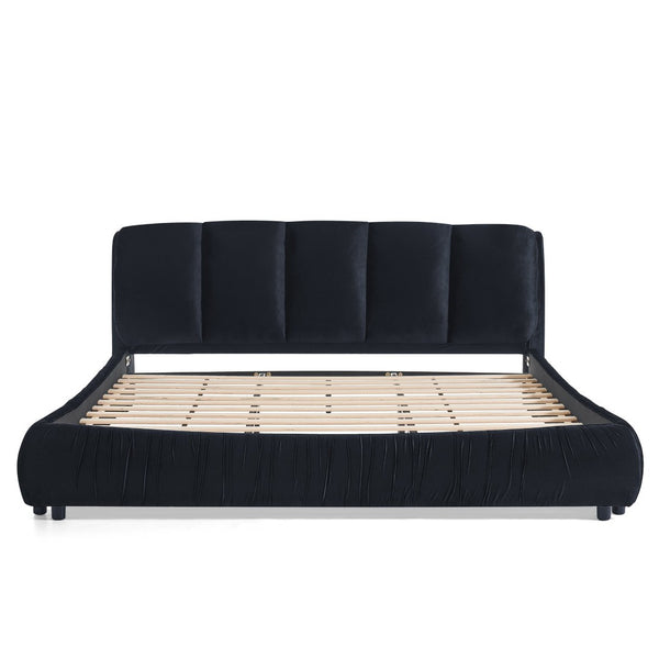 English Elm King Upholstered Platform Bed Sculpted Velvet Headboard with Pleated Panel Frame Black W487S00576