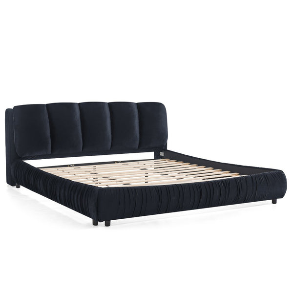 English Elm King Upholstered Platform Bed Sculpted Velvet Headboard with Pleated Panel Frame Black W487S00576