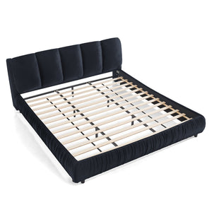English Elm King Upholstered Platform Bed Sculpted Velvet Headboard with Pleated Panel Frame Black W487S00576