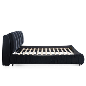 English Elm King Upholstered Platform Bed Sculpted Velvet Headboard with Pleated Panel Frame Black W487S00576