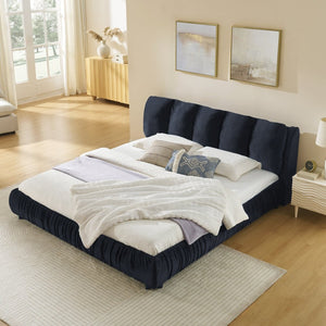 English Elm King Upholstered Platform Bed Sculpted Velvet Headboard with Pleated Panel Frame Black W487S00576