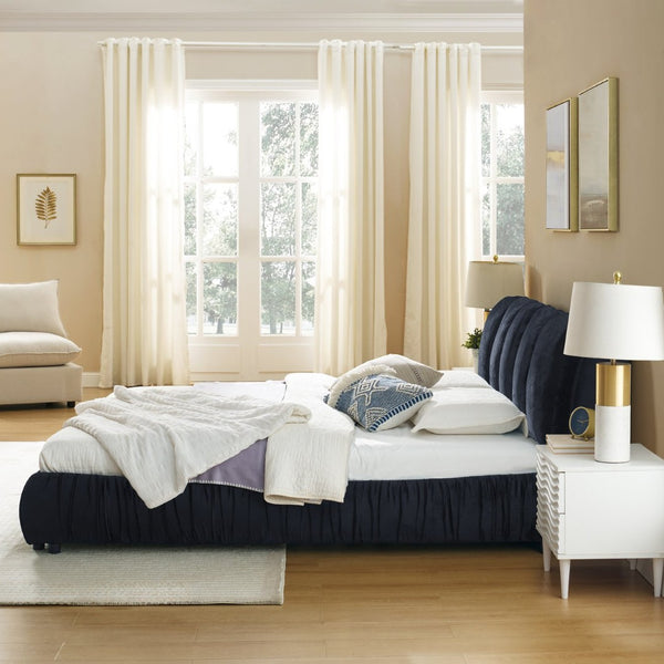 English Elm King Upholstered Platform Bed Sculpted Velvet Headboard with Pleated Panel Frame Black W487S00576
