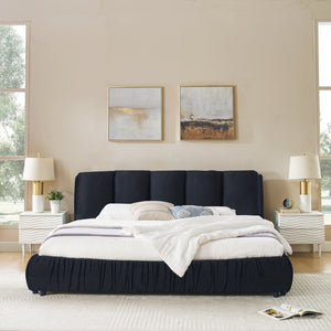 English Elm King Upholstered Platform Bed Sculpted Velvet Headboard with Pleated Panel Frame Black W487S00576