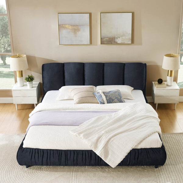 English Elm King Upholstered Platform Bed Sculpted Velvet Headboard with Pleated Panel Frame Black W487S00576