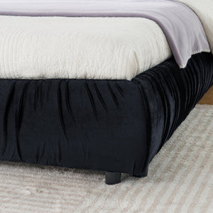 English Elm King Upholstered Platform Bed Sculpted Velvet Headboard with Pleated Panel Frame Black W487S00576
