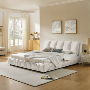 English Elm King Upholstered Platform Bed Sculpted Velvet Headboard with Pleated Panel Frame Beige W487S00577