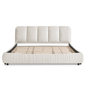 English Elm King Upholstered Platform Bed Sculpted Velvet Headboard with Pleated Panel Frame Beige W487S00577