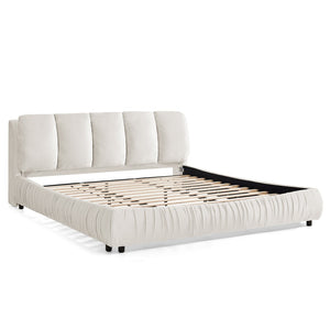 English Elm King Upholstered Platform Bed Sculpted Velvet Headboard with Pleated Panel Frame Beige W487S00577